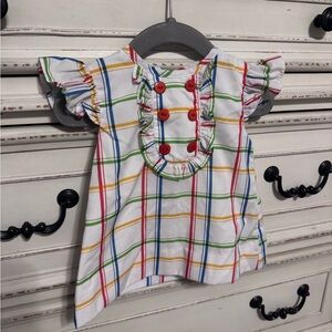Colorful Plaid Ruffle Top with Red Buttons & Bloomer Shorts